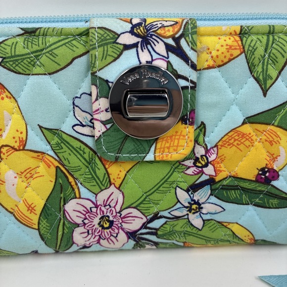 Vera Bradley Lemon Grove Turnlock Wallet Teal, Yellow, Leaves, Ladybug,‎ Flowers - Picture 2 of 9